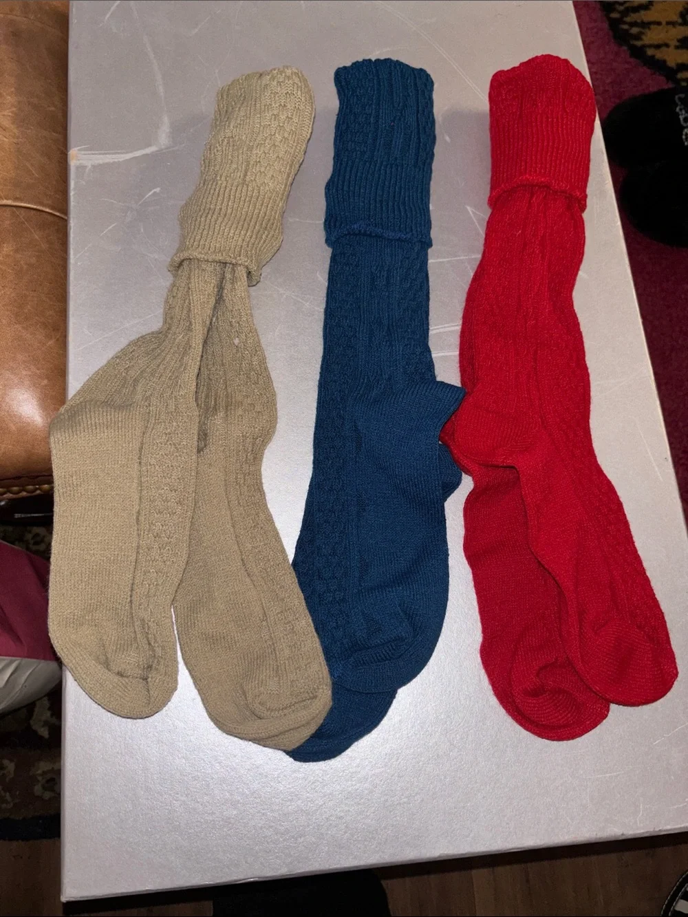 Ribbed Crew Socks - Red, Navy, Tan